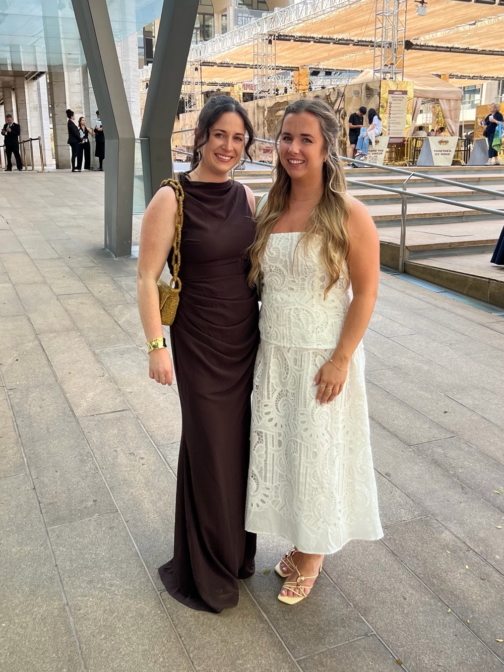 Camila Coelho Brown Maxi Dress with White Lace Midi Dress